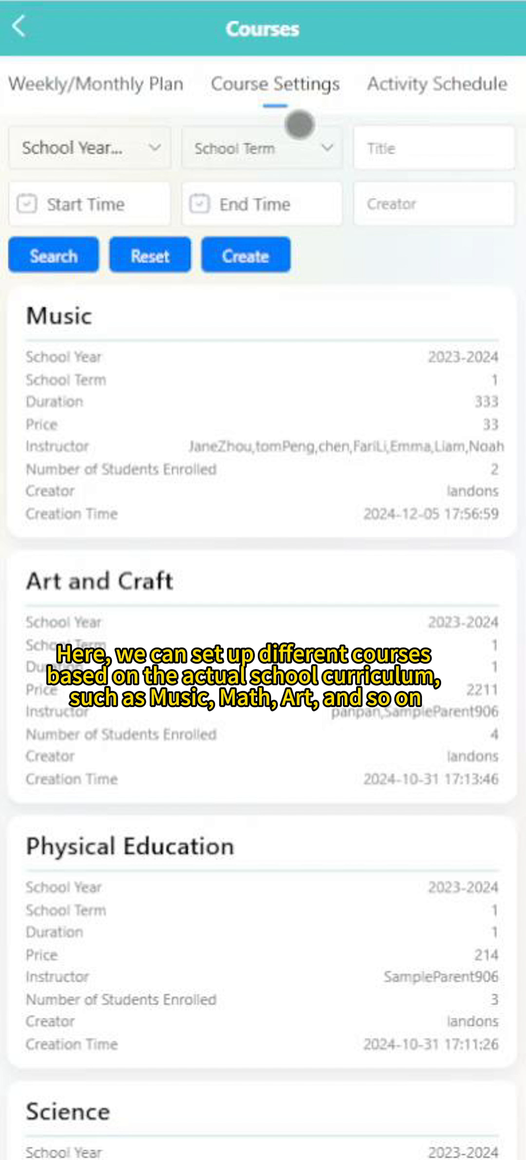 Preschool Management System - Course Setup
