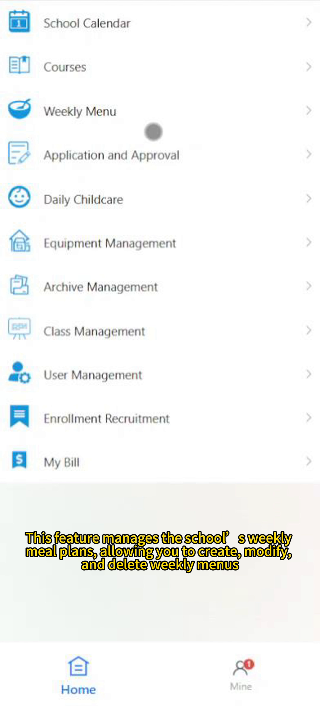Preschool Management System - Weekly Menu