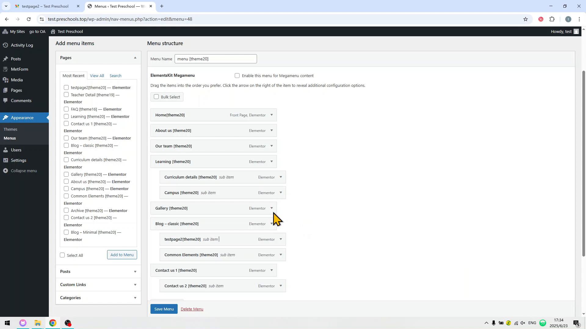 Website Builder & Hosting - Modify Menu