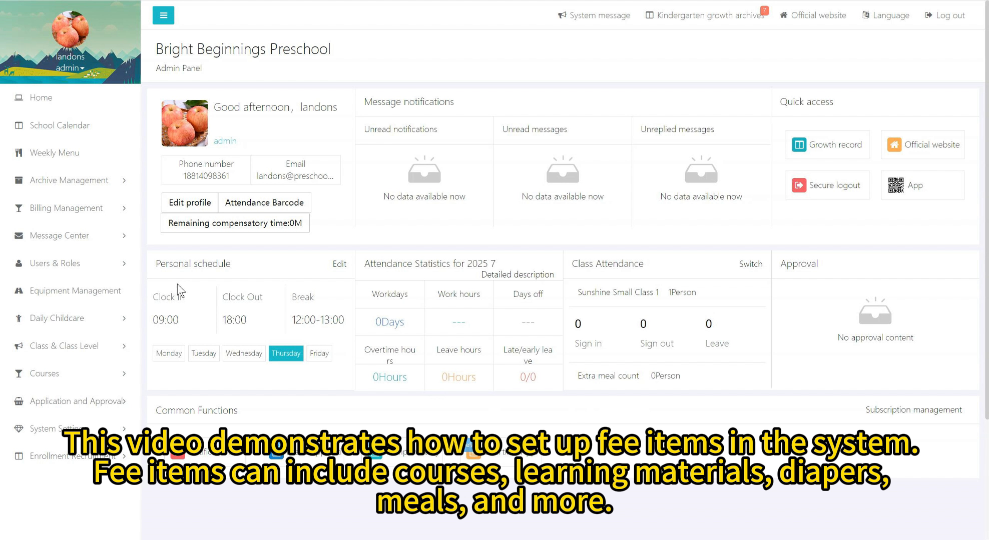 Preschool Management System - Fee Item Setup